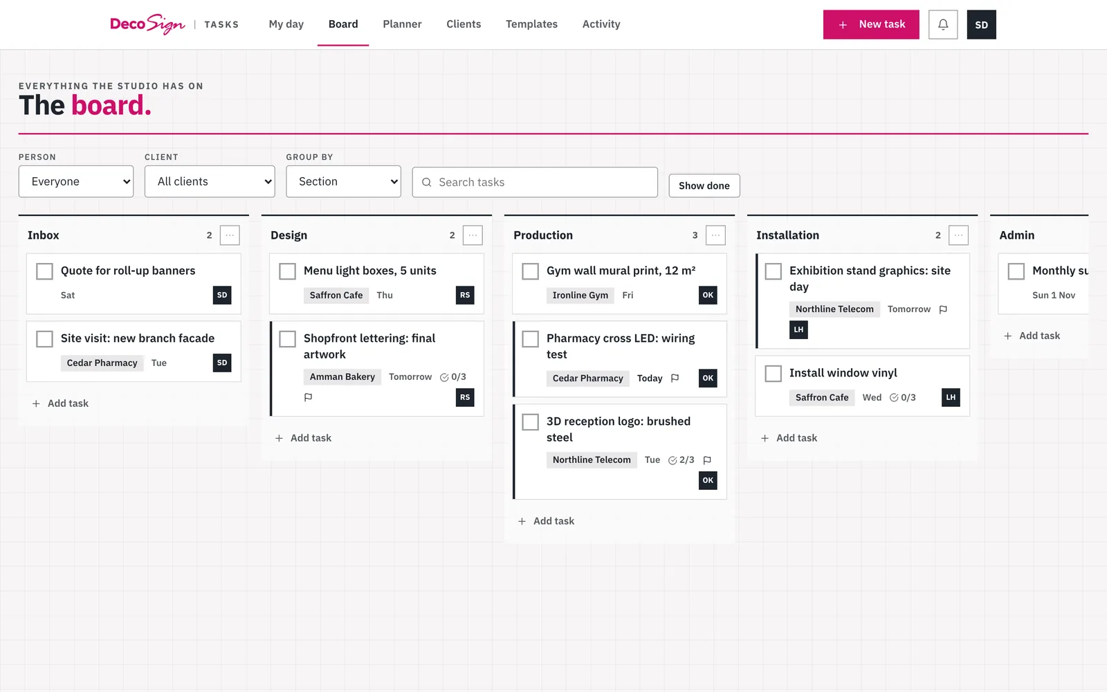 Studio task board, shared by the whole team